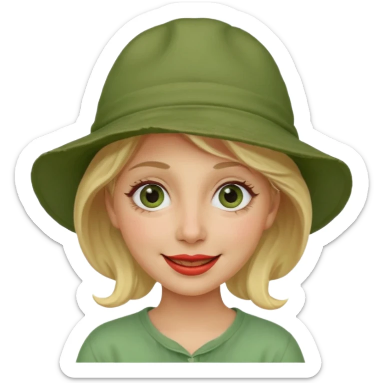 messy green clay mask and red tourist hat blond braided woman big eyes smiling and clay mask on face sticker