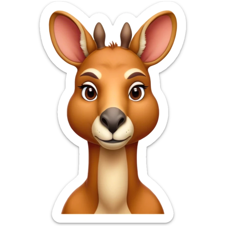 Cinematic Noble Adult Red Kangaroo Portrait Emoji, Poised and regal, with a robust, muscular build, tawny reddish fur, and a distinctive camel-shaped head featuring a slightly elongated snout, prominent ears, and keen, observant eyes, Simplified yet sharp and sophisticated features, highly detailed, glowing with a warm, sunlit glow, high shine, intelligent and commanding, stylized with an air of outback authority, focused and vigilant, soft glowing outline, capturing the essence of a watchful guardian that seems ready to bound out of the screen with effortless power! sticker