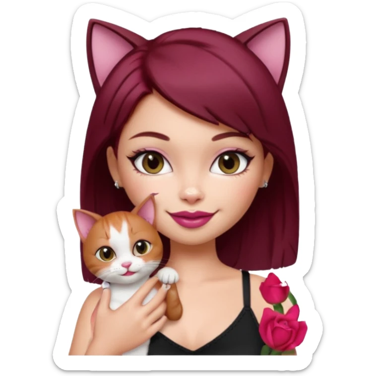 generate a pretty bratz girl with short dark red hair holding a cat smiling. Wearing a black cami sticker