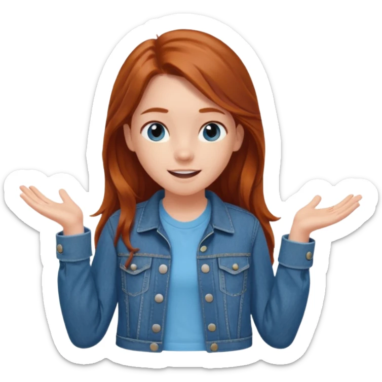shrugging happy emoji tween long auburn hair light blue shirt with a darker blue L sticker