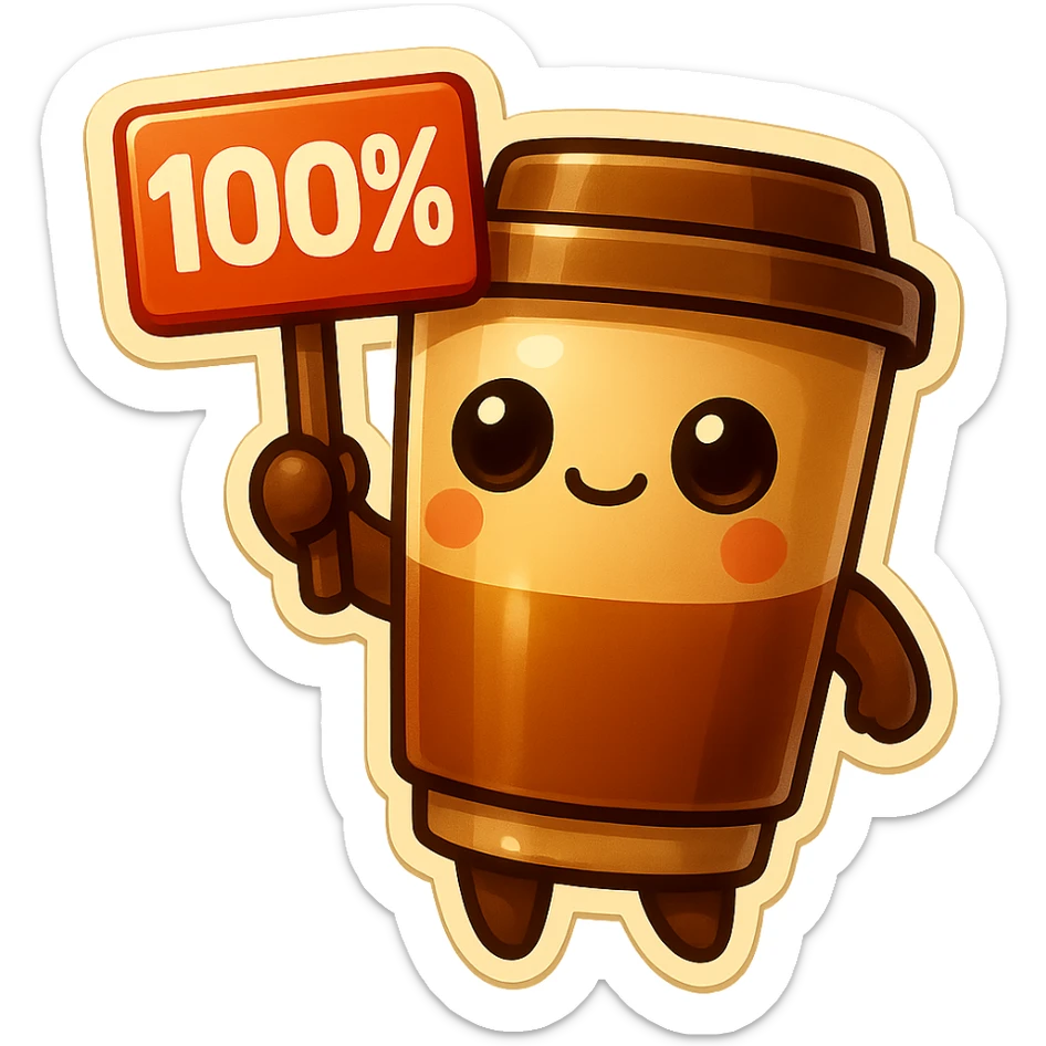 Tall coffee cup, no mouth, holding sign "100%" sticker