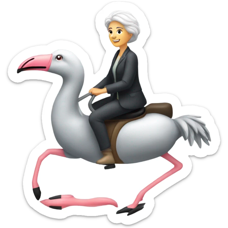 Older caucasian, gray hair,  woman riding flamingo sticker