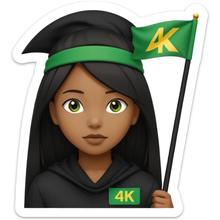 Black girl with straight hair with a green flag on her head that says 4kt on top of it with all black clothes on  sticker