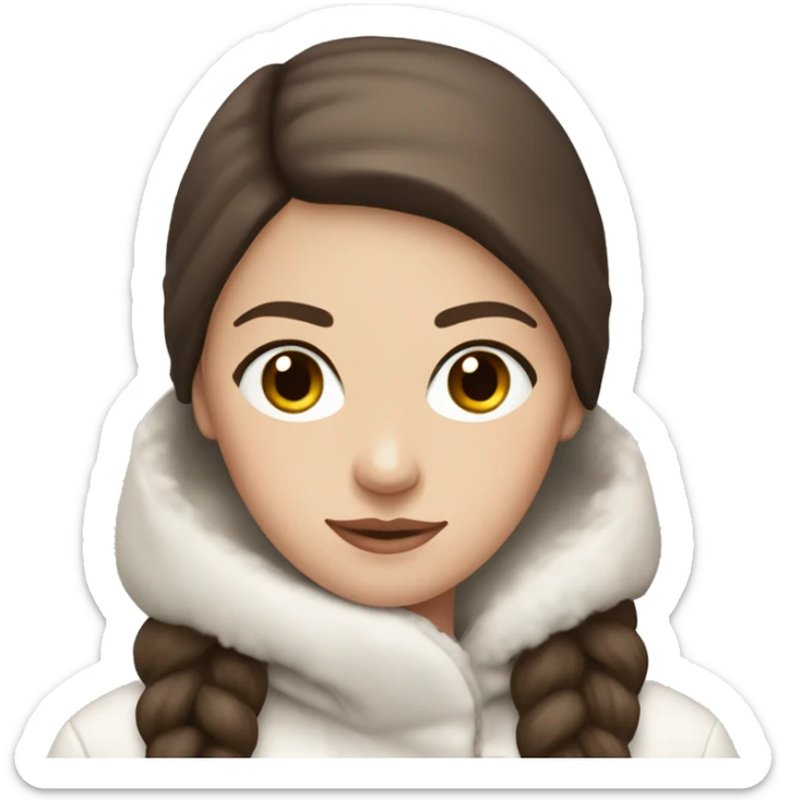 white girl with straight brown hair and dark brown eyes wearing a white and brown winter outfit sticker