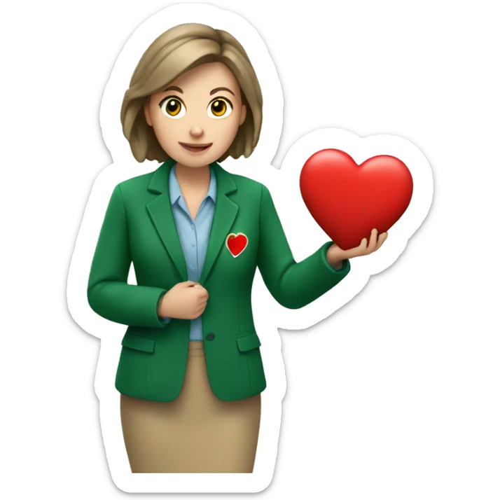A European female teacher in a green jacket holds a heart in her hands sticker
