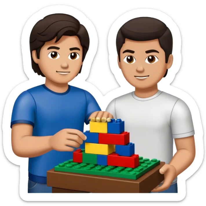 Handsome young man with dark hair built a little heavy like a football player sits with his young fiancé was cascading dark brown hair, putting together Legos sticker