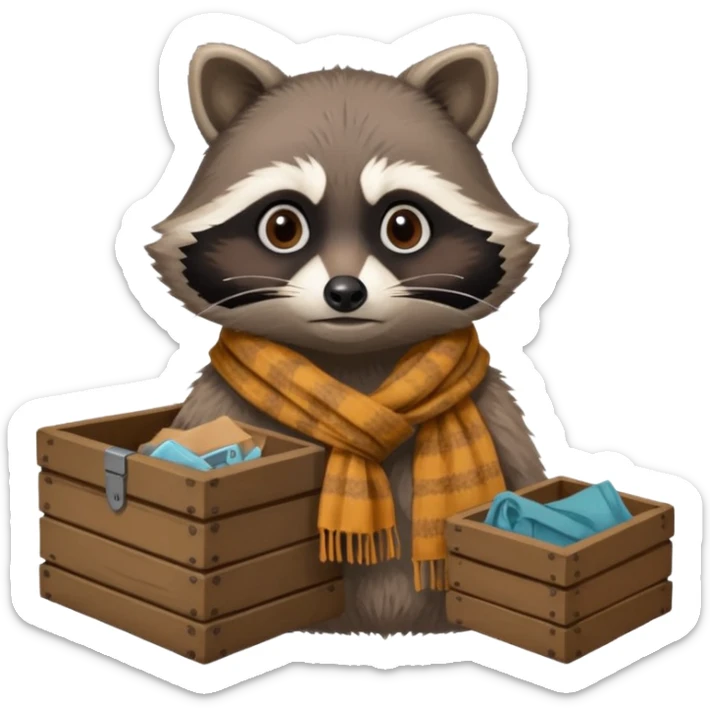 A raccoon with worn-out scarf, sitting next to a tiny box of collected belongings, staring curiously with round sad eyes.
 sticker