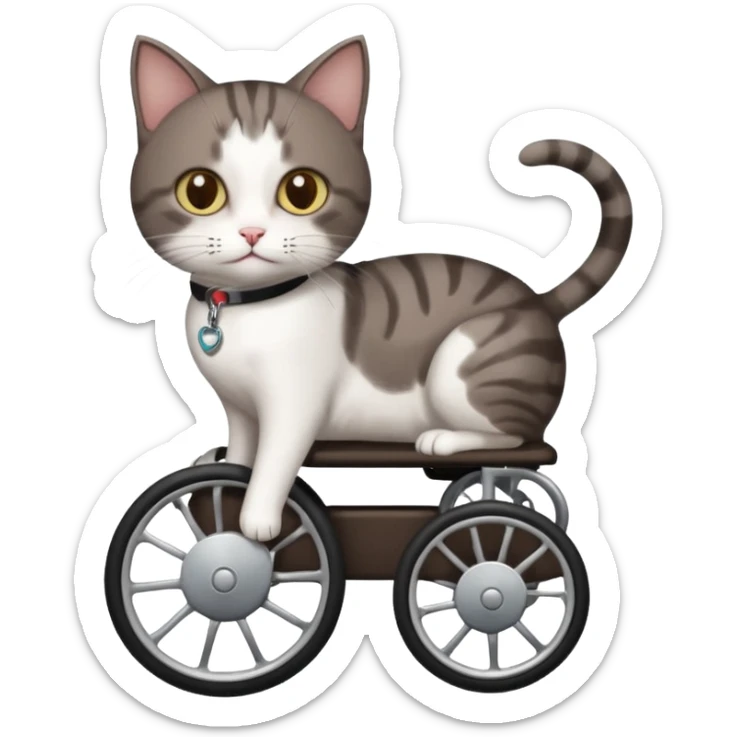 full body small short hair dark brown and white cat with hazel eyes walking in a wheelchair for cats sticker