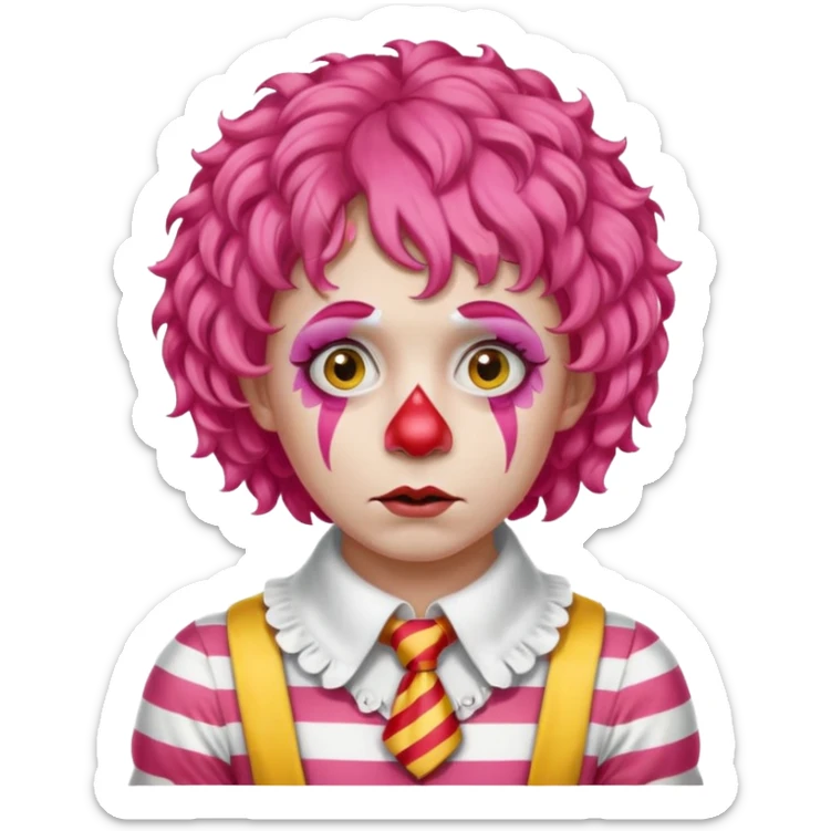 Pink curly wig.

White face paint with red nose and makeup.

Wearing a red-and-yellow striped costume with a white collar.

Wide-eyed, sad expression. sticker