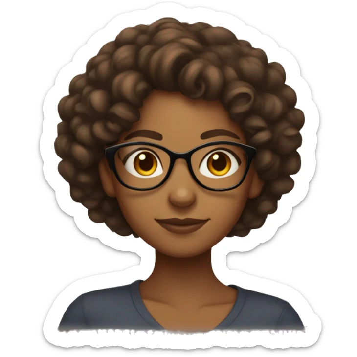 Brown girl with curly brown hair wearing glasses and arms folded, smiling sticker