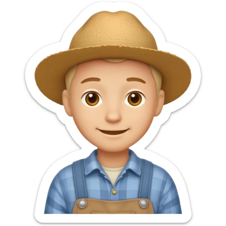 A calm, friendly male cartoon character with light skin, simple farm clothes, warm smile, stylized as a cute, readable emoji icon with soft earthy color sticker