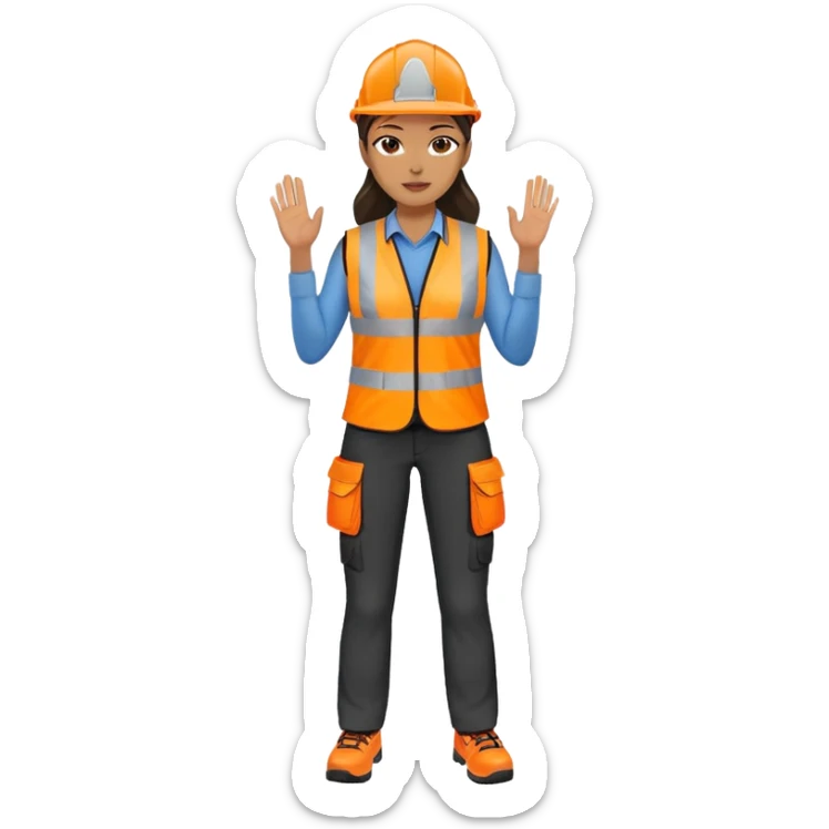 female, orange, hi-vis vest, dark trousers, no helmet, shoes, hand raised sticker