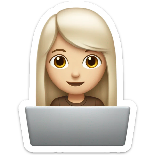 white girl with brown straight long hair and bangs holding a laptop in her hands sticker