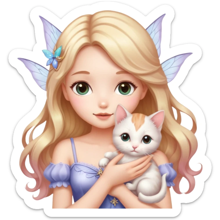 Very dreamy-pretty-fashionable-cute-shiny-ladylike-soft style-kawaii-beautiful-beautiful-hair-fairy style-holding a kitten sticker
