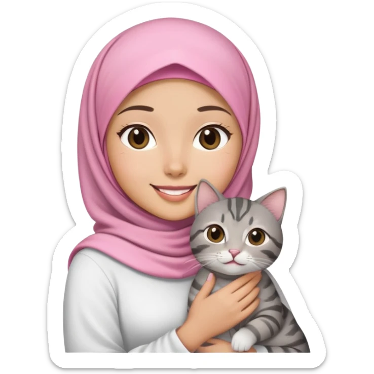 Asian White girl wearing pink hijab and white dress holding a black grey tabby cat while smiling.  sticker
