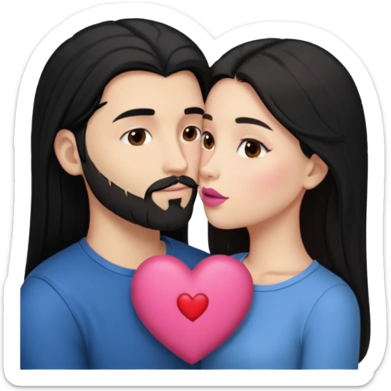 👩🏻‍❤️‍💋‍👨🏻 this one but the man should be bald. white woman with long black hair and white bald young man whoitiut hair and a heart between their heads. she has pink lips and both have brown eyes. he has e full beard but short. sticker