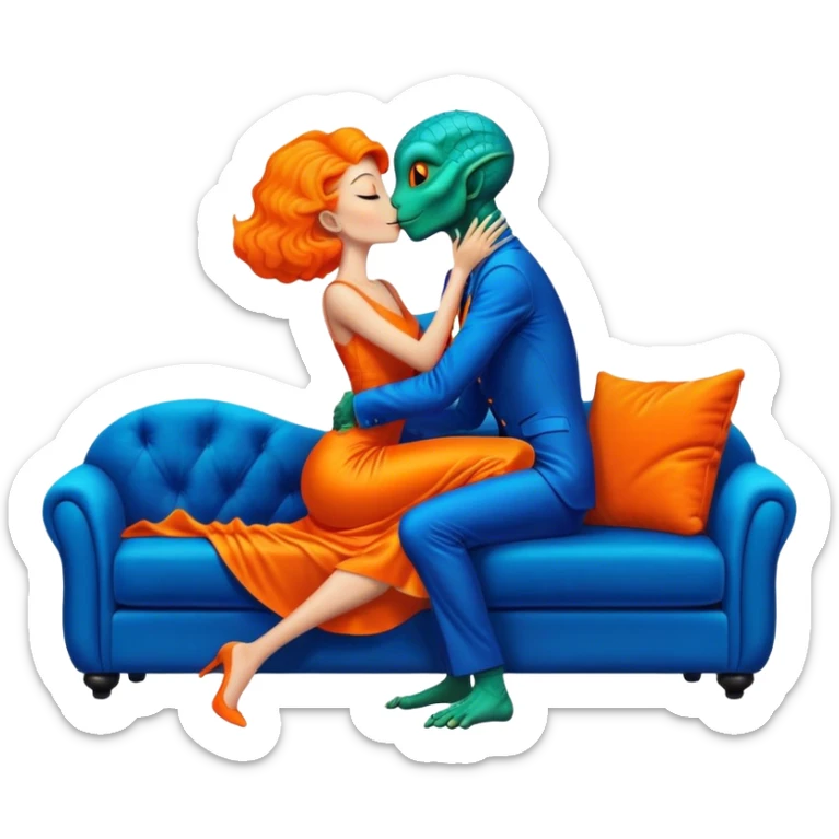 A reptilian alien woman in orange dress kissing human man in blue dress, on sofa sticker