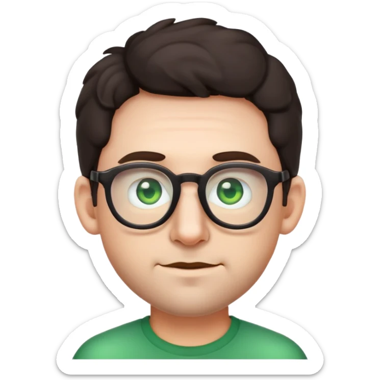 simple male emoji with poofier slightly curly dark hair, big ears, pale skin, glasses, green eyes, light stubble sticker