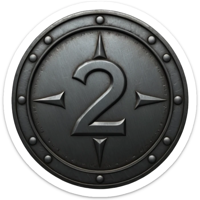 Minimal emoji, gothic metal coin made of black steel, engraved number 2 at the center, ancient industrial aesthetic, worn metal texture, no glow, no neon, flat emoji design, centered, transparent background sticker