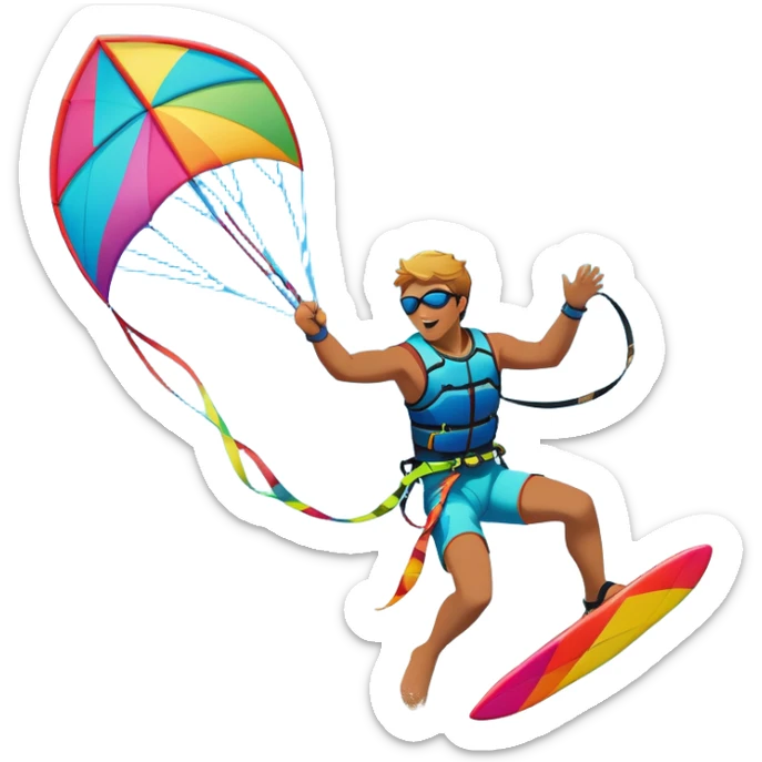 A vibrant kite soaring high in the sky, attached to a kiteboarder riding the waves below. The scene is filled with bright colors, capturing the energy of the sport. The background features the ocean, wind-blown waves, and a clear sky, showcasing the excitement and freedom of kiting. sticker