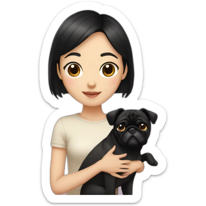 asian girl with black hair standing next to a pug  sticker