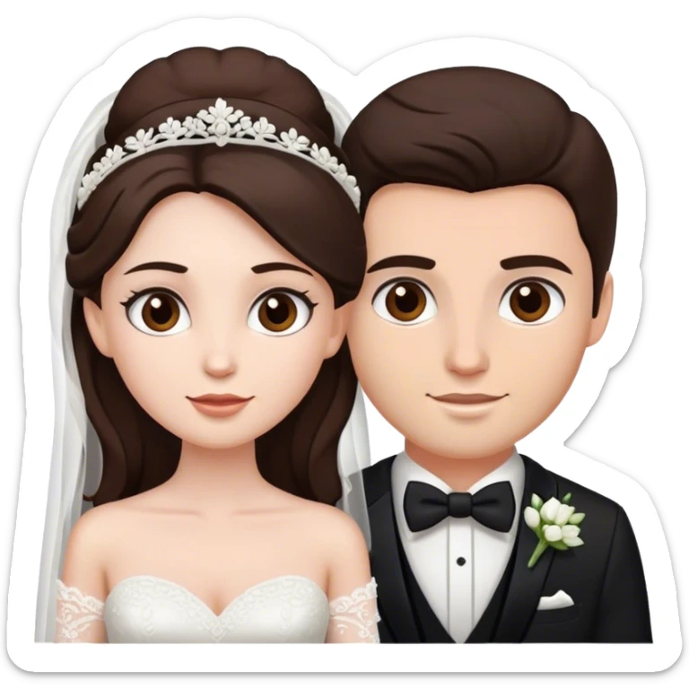 Wedding couple, groom fair skin with dark brown hair and dark brown eyes, bright with white skin brown hair and brown eyes sticker