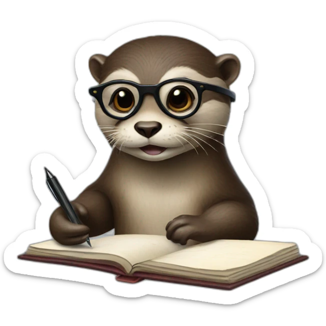 otter with glasses holding a travelers journal and a pen sticker