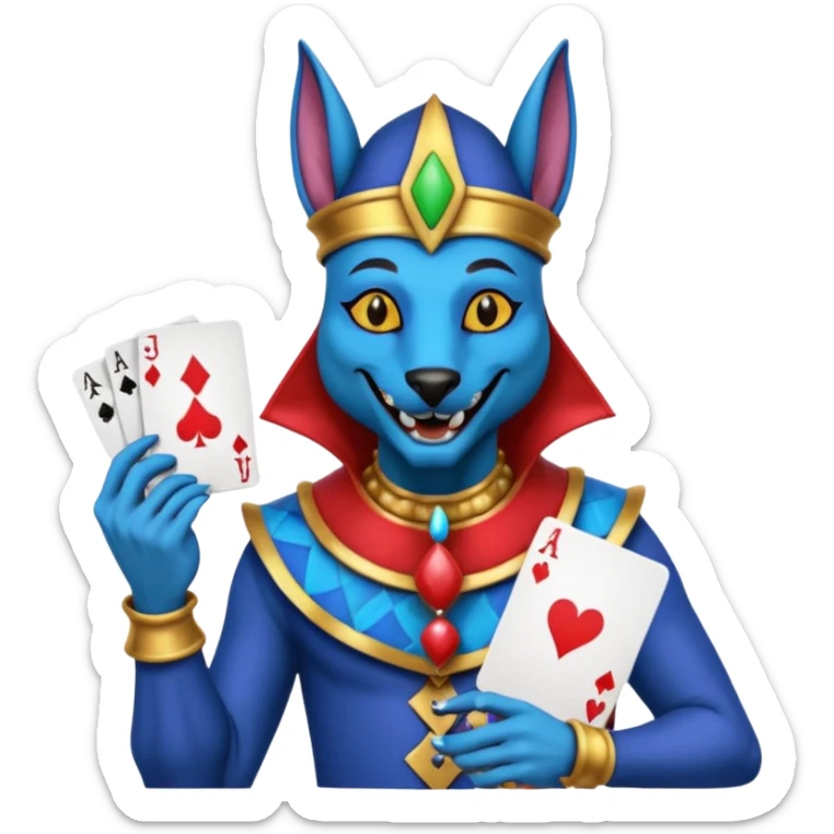 crazy colorful anubi jolly joker from poker, medieval, vintage, court jester, mac os icon, blue color, holds a single poker card on the right paw sticker