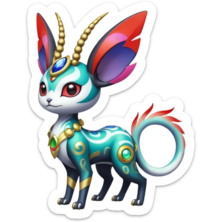 Shiny Horned Antenna’d Colorful Futuristic Ornate Oriental Painted Asian Fae-Vernid-Trico-Meloetta-Latias-Koraidon-Peppercat-Protogen-Pokémon-Digimon-Fakémon-fusion-hybrid-creature sticker