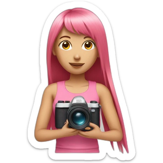 girl with long, straight rose hair with fringe and holding camera and wearing pink tank top sticker