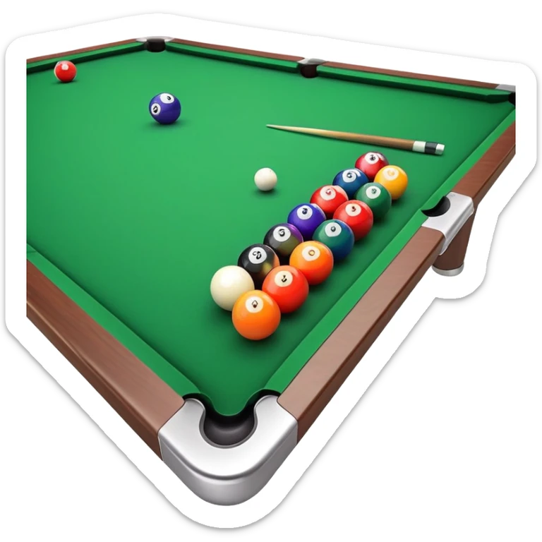 A close-up of a billiard table with a cue stick lined up to strike a colorful set of balls. The focus is on the precision of the shot, with the table’s green surface and the triangular arrangement of balls, creating a dynamic scene of strategy and concentration in the game of billiards. sticker