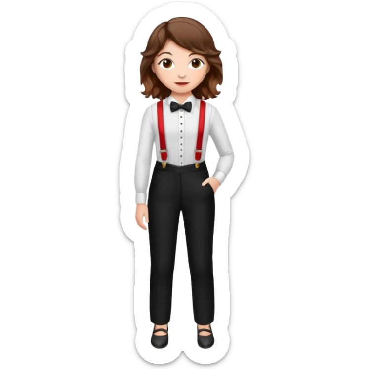 Woman with wavy brown hair and hazel eyes wearing black tuxedo pants with red suspenders sticker