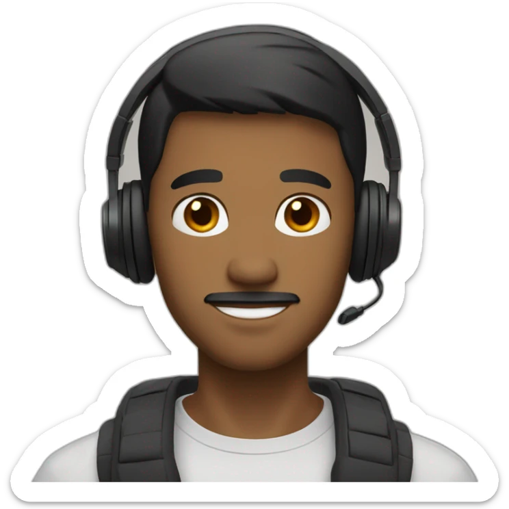 A man wiht brown Eyes and black short hair with gamaing Headphones sticker