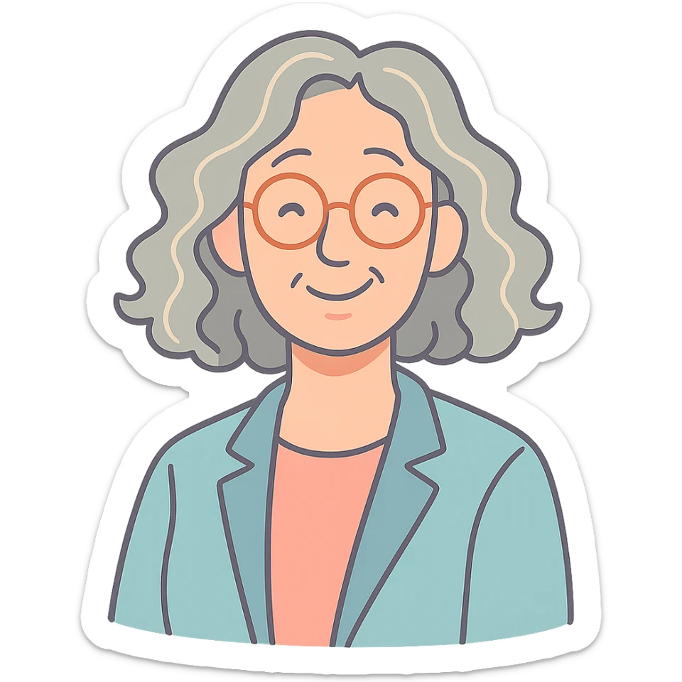 portrait of a wise, friendly woman with natural waves, gentle smile, professional yet approachable, soft pastel palette sticker