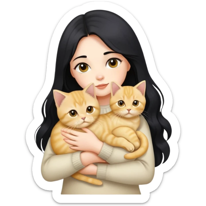 Beautiful girl with long black hair holding a cute golden British shorthair kitten in her arms sticker