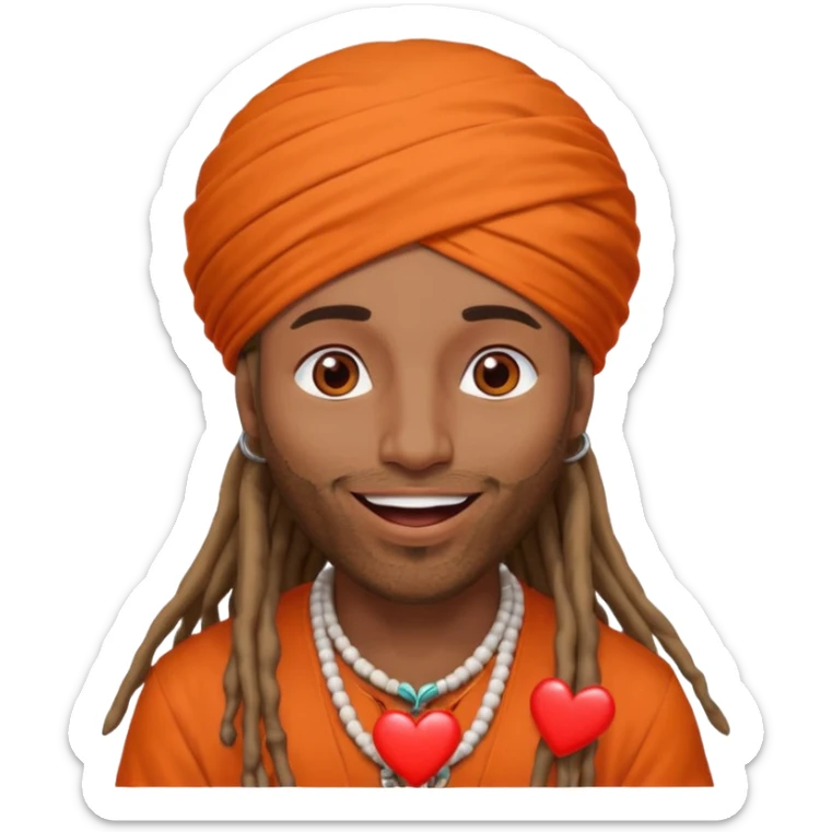 Brownskin man with long dreadlocks orange shirt add white dubai turban add red heart in both of his eyes mouth open  sticker