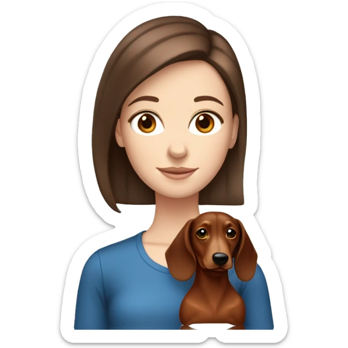 White girl with straight brown hair and blue eyes holding a red dachshund  sticker
