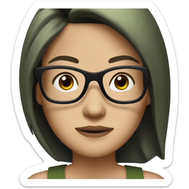 white skined woman with black straight hair with a olive green tank top with glasses tortoise  sticker
