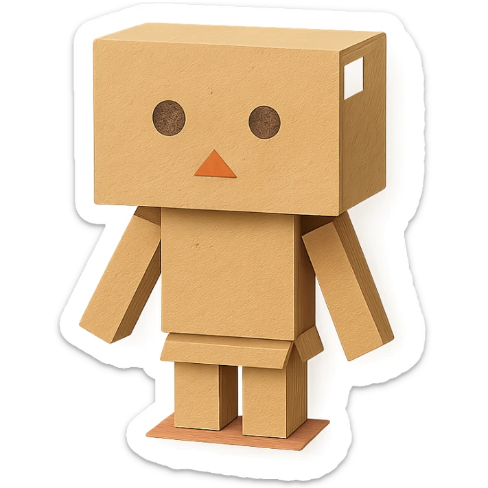 Danbo, the cardboard robot, in a softly lit room with wooden floor, cartoonish style, clean lines, pastel palette, cozy and nostalgic mood sticker