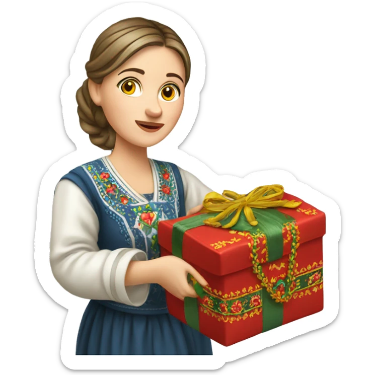 A female teacher in Ukrainian embroidery holds a gift in her hand sticker