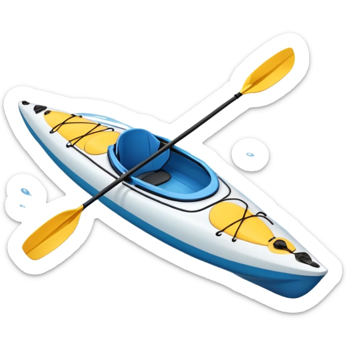 An icon showing a close-up of a sleek kayak with double-bladed paddles gliding through water. Splashes surround the boat as it cuts across a calm surface, symbolizing speed and focus. Transparent background emphasizes the dynamic and personal nature of kayak paddling. sticker