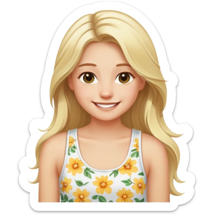 blonde girl with long hair smiling with white floral tank top sticker