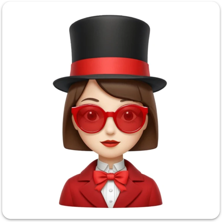 3D apple-style emoji of a whimsical character inspired by the uploaded photo, simplified shapes, cartoon-like look, glossy finish, soft shadows, white background, tall top hat with ribbon, large round white sunglasses, short brown bob haircut, elegant collar, red coat, playful and iconic sticker
