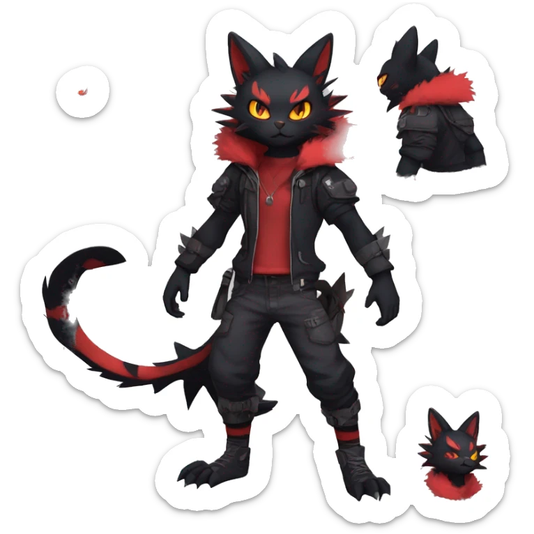 Black Anthro Cool Punk Noibat-Litten-Fakemon-fursona with fangs and red markings Full Body sticker