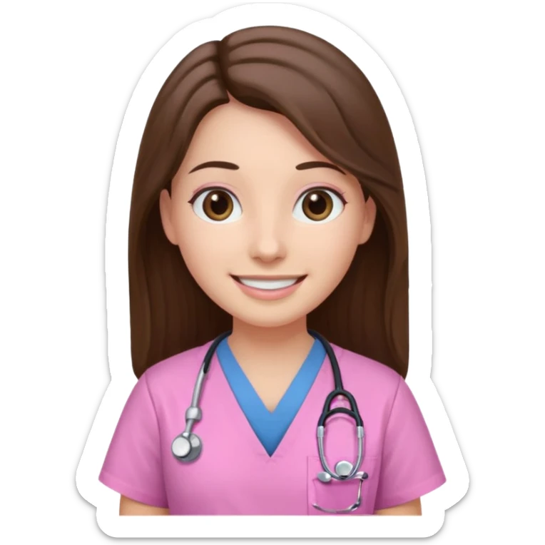 doctor, pink, she, hair brown, eyes black, scrub pink, white skin, longlong hair, smile sticker