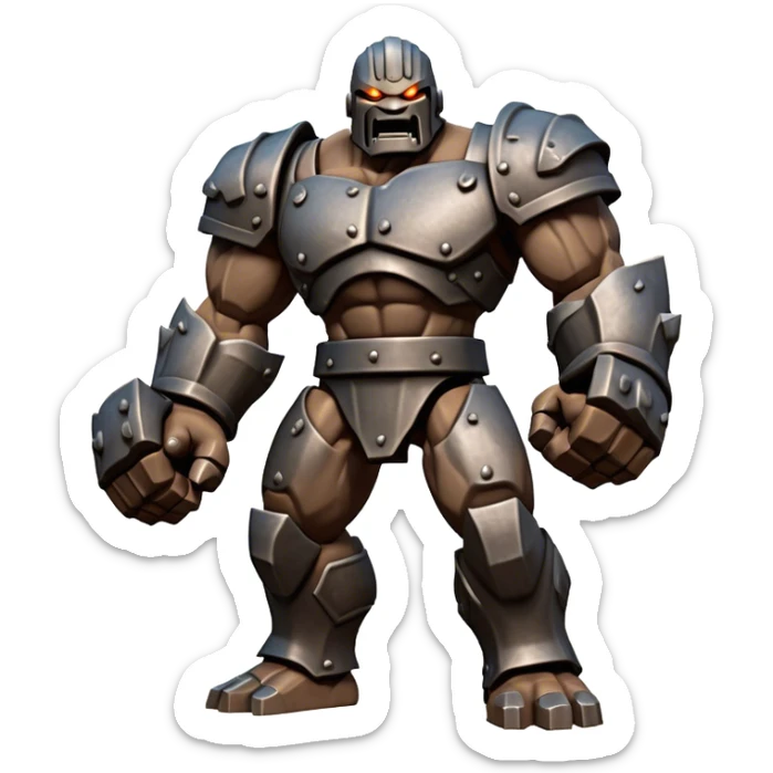 Cinematic Fierce Mighty Iron Golem Portrait Emoji Depicted mid-action in a dynamic, battle-ready stance, massive fists clenched, the ancient metallic plates along its form shifting with raw power. Its eyes blaze like molten fire within a carved, rune-etched face, exuding both divine purpose and mechanical precision. Weathered steel and dark bronze tones are accented by glowing, arcane inscriptions, each detail meticulously crafted with lifelike metallic reflections. High shine, imposing yet regal, styled with an air of indestructible might, soft glowing outline, capturing the essence of an unstoppable colossus that looks ready to charge forth with a thunderous step! sticker