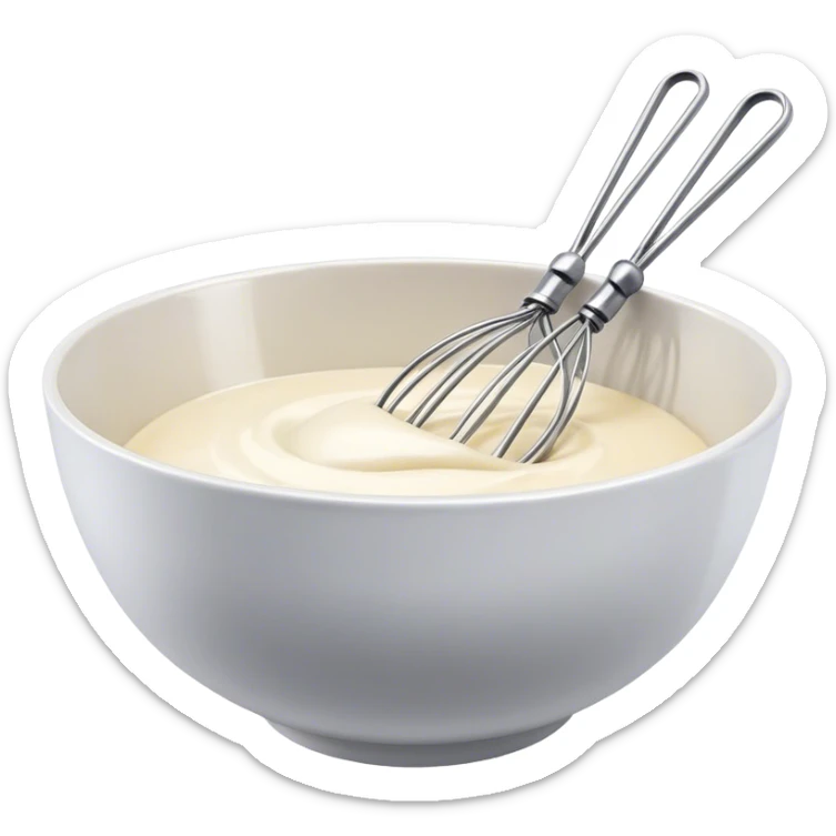 Cinematic Realistic Whisk & Mixing Bowl, a well-used metal whisk resting in a smooth ceramic mixing bowl, light reflecting off the whisk’s polished surface, subtle smears of batter along the rim, glowing with a sense of warmth and creativity. sticker