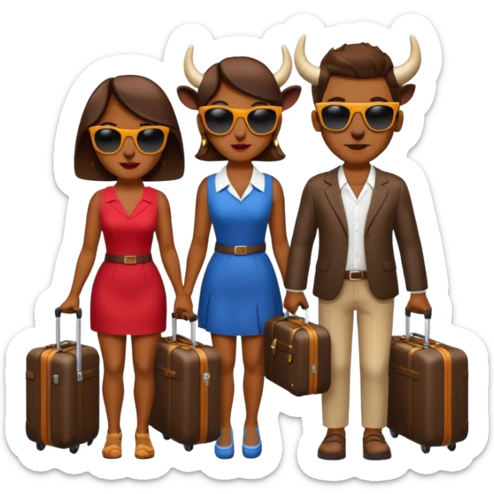 generate an emoji of a group of up to 8 male and female bulls travelling together on holidays. Include sunglasses and suitcases sticker