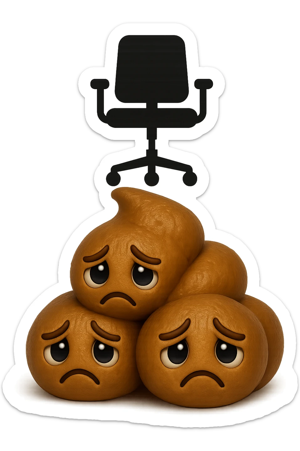 emoji stile iphone di una montagnetta di feci umane realistiche a palline tristi con sopra un simbolo di una sedia da ufficio, iperrealistico 4k sticker