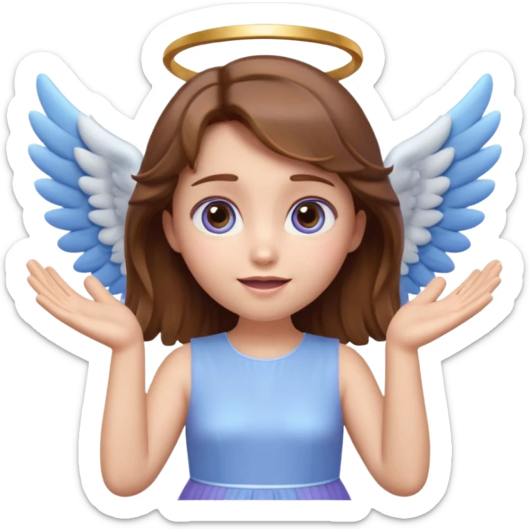 Cute 3D angel emoji, brown hair, glowing halo, small blue-white wings, pastel purple dress, hands raised, big expressive eyes, soft lighting, glossy texture, Pixar style, high detail sticker